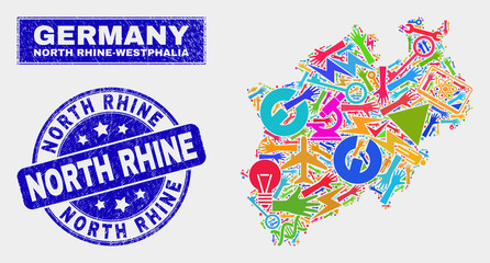 Mosaic service North Rhine-Westphalia Land map and North Rhine seal stamp. North Rhine-Westphalia Land map collage made with randomized colored equipment, hands, production icons.