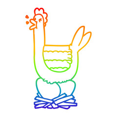 rainbow gradient line drawing cartoon hen sitting on nest