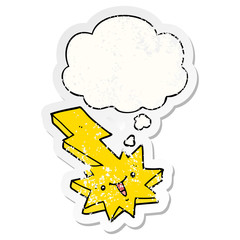 cartoon lightning strike and thought bubble as a distressed worn sticker