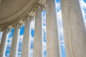 Scenic view of white marble neoclassical columns from the interior of the rotunda at the Jefferson...