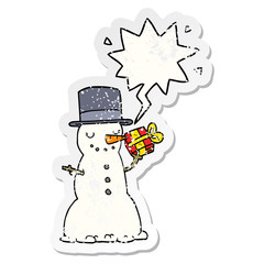 cartoon christmas snowman and speech bubble distressed sticker