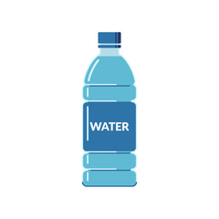 Plastic bottle full of water with a label on a white background. Flat style icon.