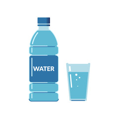 Plastic bottle and glass full of water with bubbles. Flat style icon.