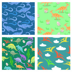 Fototapeta na wymiar Set of seamless texture with dinosaurs. For scrabbooking, fabrics, wrapping paper and other. Vector image.