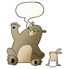cartoon bear and rabbit friends and speech bubble in smooth gradient style