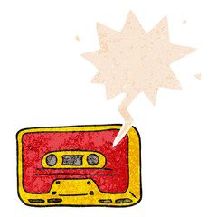 cartoon old tape cassette and speech bubble in retro textured style