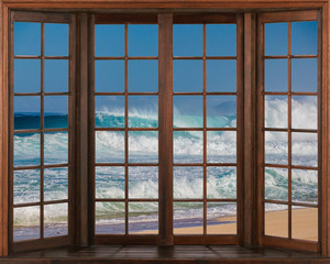 Fototapety  Piękny widok na morze z okna. Widoki okien z relaksującymi dźwiękami fal