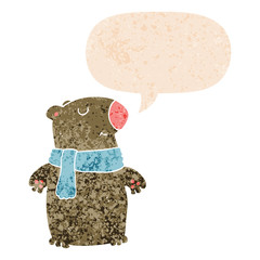 cartoon bear and speech bubble in retro textured style