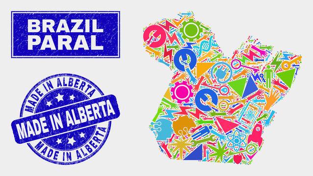 Mosaic service Paral State map and Made in Alberta seal. Paral State map collage designed with scattered colorful equipment, hands, security symbols.