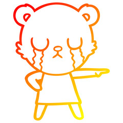 warm gradient line drawing crying polar bear in dress pointing