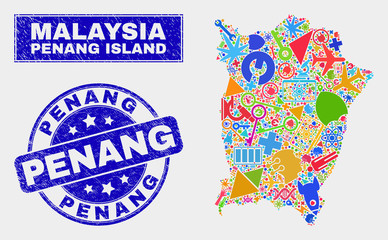 Mosaic service Penang Island map and Penang seal stamp. Penang Island map collage created with randomized colorful tools, hands, industry items. Blue round Penang seal stamp with unclean texture.