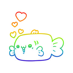 rainbow gradient line drawing cute cartoon fish with love hearts