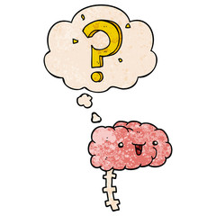 cartoon curious brain and thought bubble in grunge texture pattern style