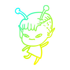 cold gradient line drawing cute cartoon alien girl