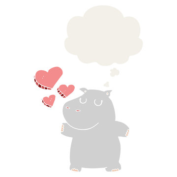 cartoon hippo in love and thought bubble in retro style