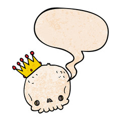 cartoon skull and crown and speech bubble in retro texture style
