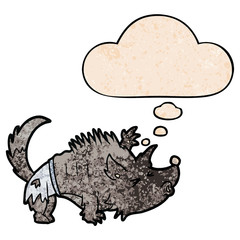 cartoon werewolf and thought bubble in grunge texture pattern style