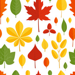 Obraz premium Colorful leaves in flat style, seamless pattern