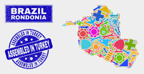 Mosaic service Rondonia State map and Assembled in Turkey seal. Rondonia State map collage composed with random colored equipment, hands, security elements.