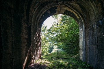 Light at the end of abandoned railroad tunnel. Overgrown railway