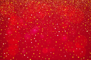 Falling stars and gold particles on red background. Lights Shine effect for your design. Falling particles for greeting card, invitation. Vector illustration