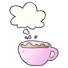 cartoon coffee cup and thought bubble in smooth gradient style
