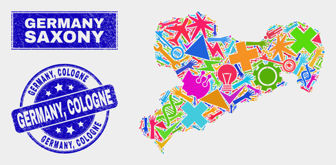 Mosaic tools Saxony Land map and Germany, Cologne seal stamp. Saxony Land map collage created with random colorful tools, hands, service symbols. Blue rounded Germany,