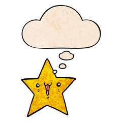 happy cartoon star and thought bubble in grunge texture pattern style