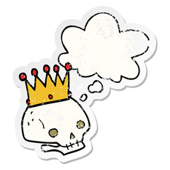 cartoon skull with crown and thought bubble as a distressed worn sticker