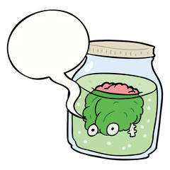 cartoon spooky brain floating in jar and speech bubble