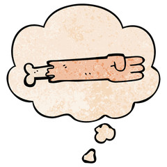 cartoon zombie arm and thought bubble in grunge texture pattern style