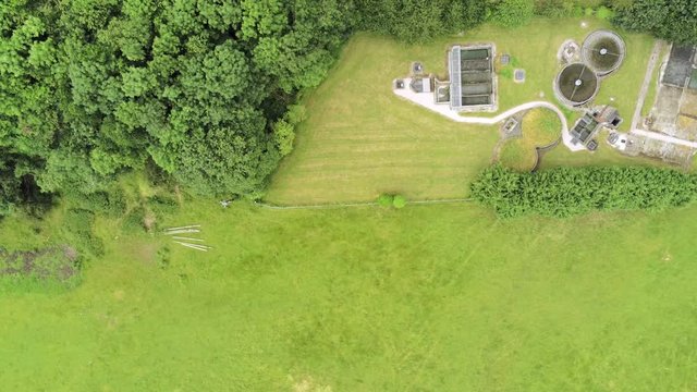 Pontcysyllte Aqueduct arch bridge canal waterway crossing. Top down birds eye view moving forward.