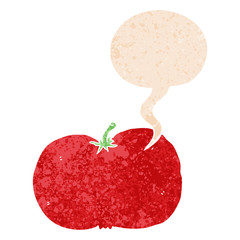 cartoon tomato and speech bubble in retro textured style