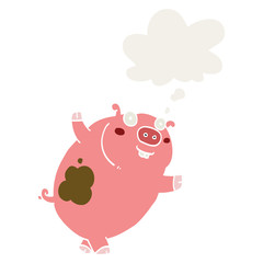 funny cartoon pig and thought bubble in retro style