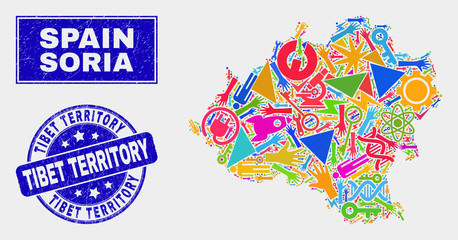 Mosaic tools Soria Province map and Tibet Territory watermark. Soria Province map collage made with random colored tools, palms, industrial icons.
