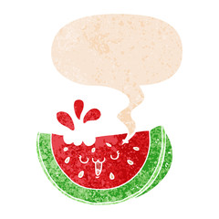 cartoon watermelon and speech bubble in retro textured style