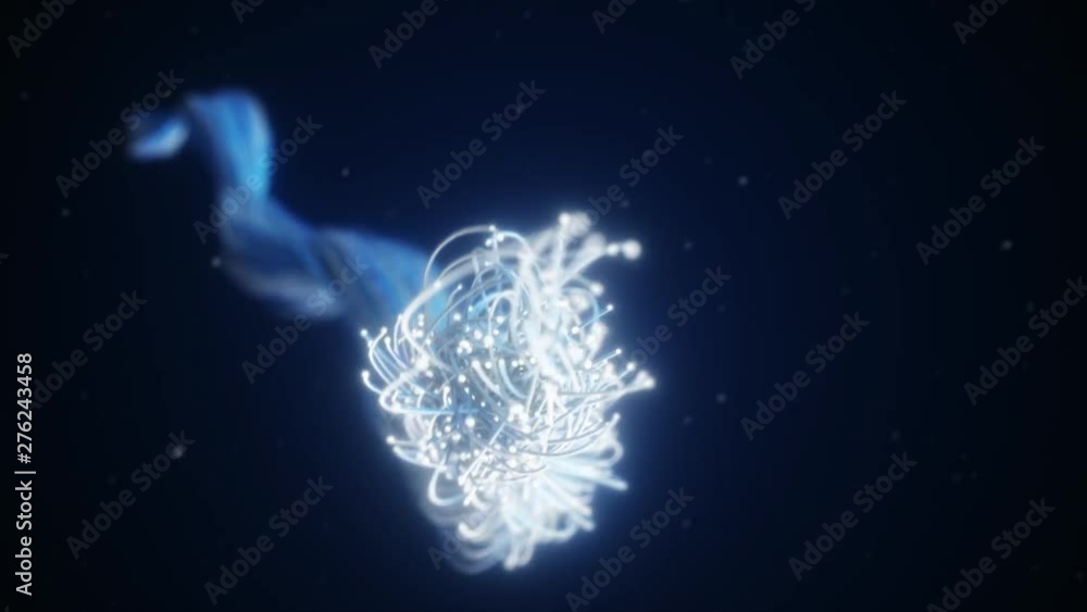 Poster spreading blue fiber wires in space. camera movement for wires. the concept of distribution and tran