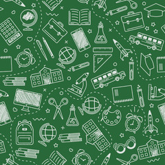 Seamless school pattern. Back to school. Black icons for education on green background.