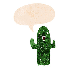 cartoon cactus and speech bubble in retro textured style