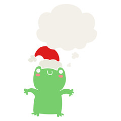 cute cartoon frog wearing christmas hat and thought bubble in retro style