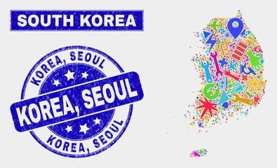 Mosaic industrial South Korea map and Korea, Seoul seal stamp. South Korea map collage made with randomized colored equipment, palms, service items. Blue rounded Korea,