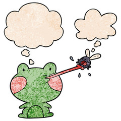 cartoon frog catching fly and thought bubble in grunge texture pattern style