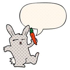 cartoon rabbit and carrot and speech bubble in comic book style