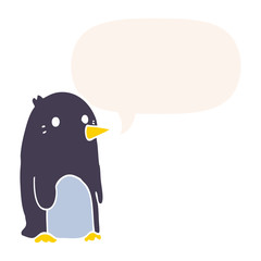 cartoon penguin and speech bubble in retro style