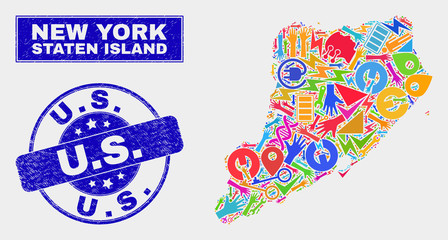 Mosaic service Staten Island map and U.S. seal. Staten Island map collage constructed with scattered colored equipment, palms, service icons. Blue round U.S. seal with scratched texture.
