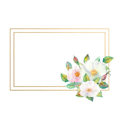Flowers of white rose hips, red fruits, green leaves, the composition in a geometric Golden frame. Flower poster, invitation. Watercolor compositions for the design of greeting cards or invitations.
