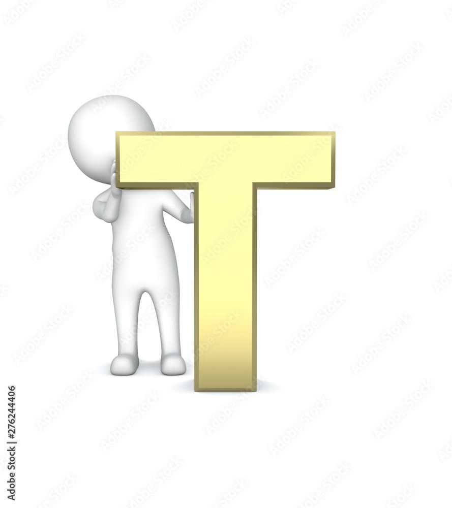 Poster 3d human standing behind of the ''t'' letter symbol. 3d rendering.