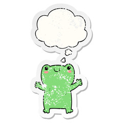 cute cartoon frog and thought bubble as a distressed worn sticker