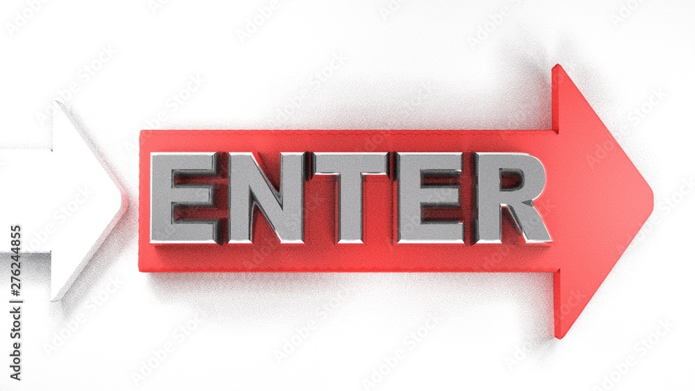 Aufkleber enter red arrow with metallic chromed write - 3d rendering illustration
