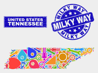 Mosaic tools Tennessee State map and Milky Way seal stamp. Tennessee State map collage created with scattered colored tools, palms, production symbols.